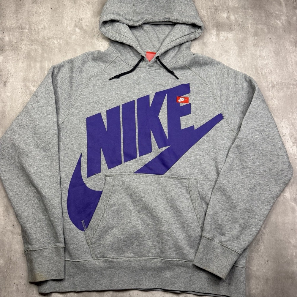 Nike Mens Pullover Hoodie L Gray Purple Logo Graphic Fleece 586182-066